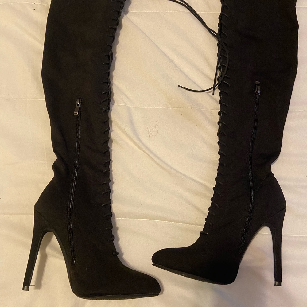 Black lace up/zip knee high boots